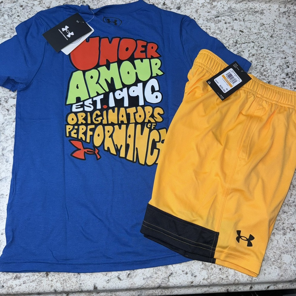 Under Armour Boys Youth Small (8) Summer Bright Blue Golden Outfit Set NEW